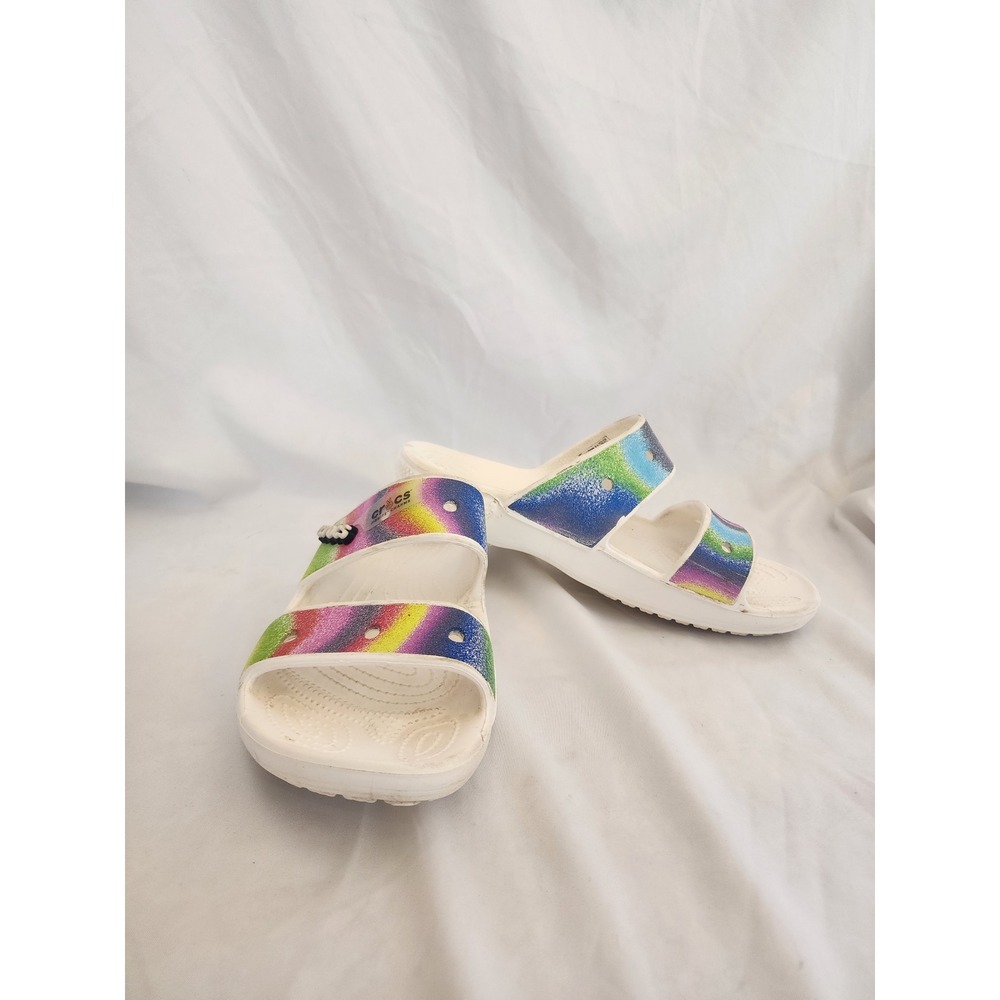 Crocs Classic Sandal Rainbow Glitter Slides‎ Womens 10 Mens 8 White Multi Color
